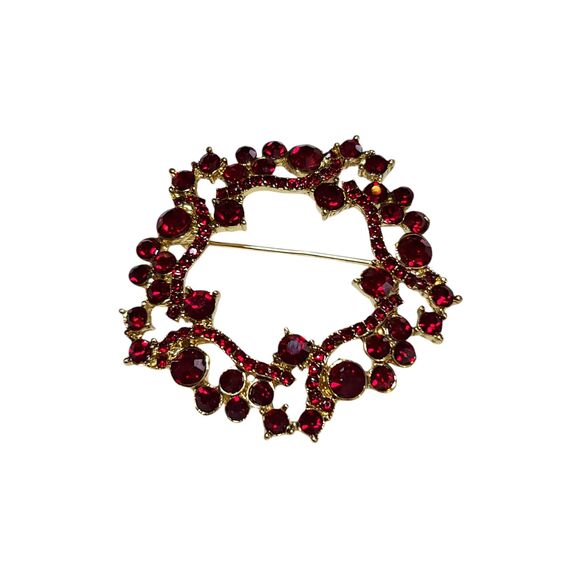 Dana Buchman Brooch Pin Festive Red Crystal Gold Tone Jewelry - Picture 5 of 6